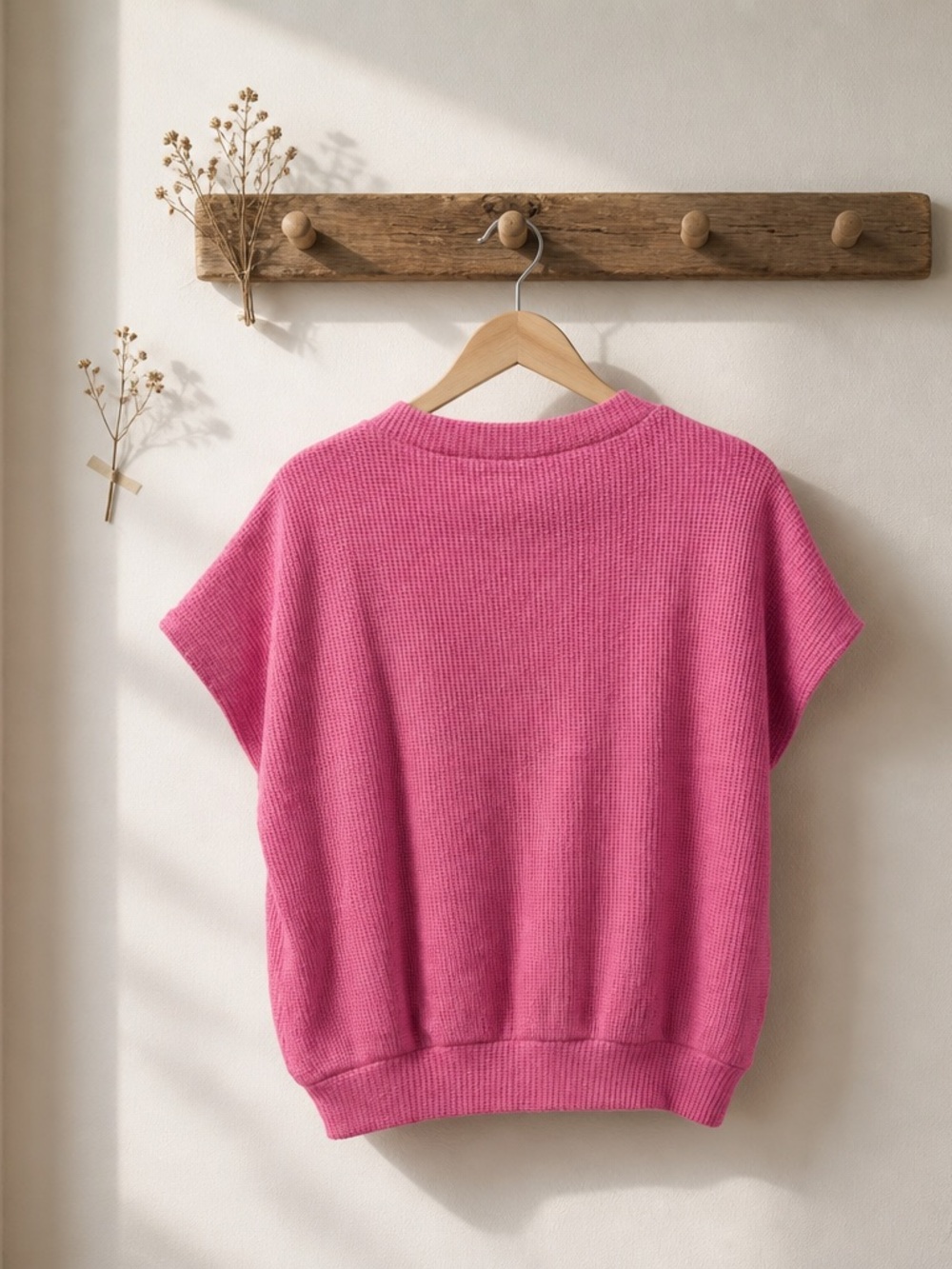 Zenana Outfitters Pink Short Sleeve Waffle Knit Top - Picture 3 of 8